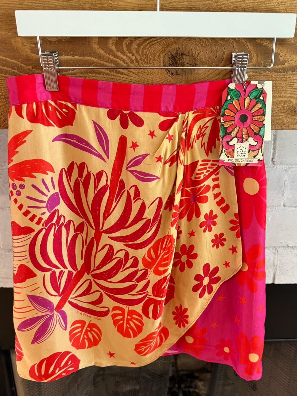 FARM Rio Yellow Wrap Mini Skirt with Pink & Red Floral Print